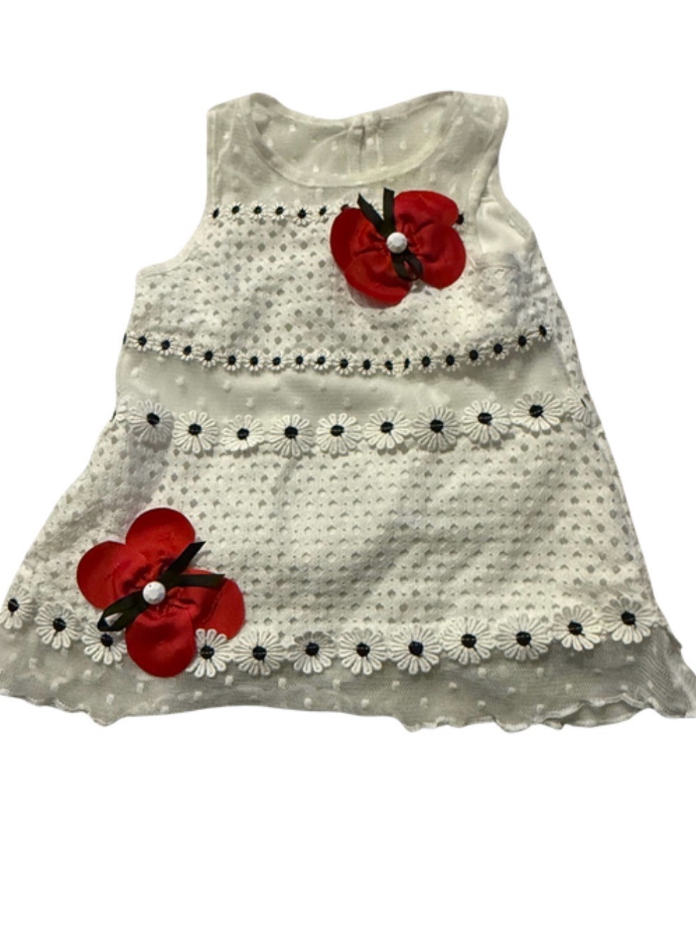 Rare Editions White Eyelet Dress with Red Flower Accent
